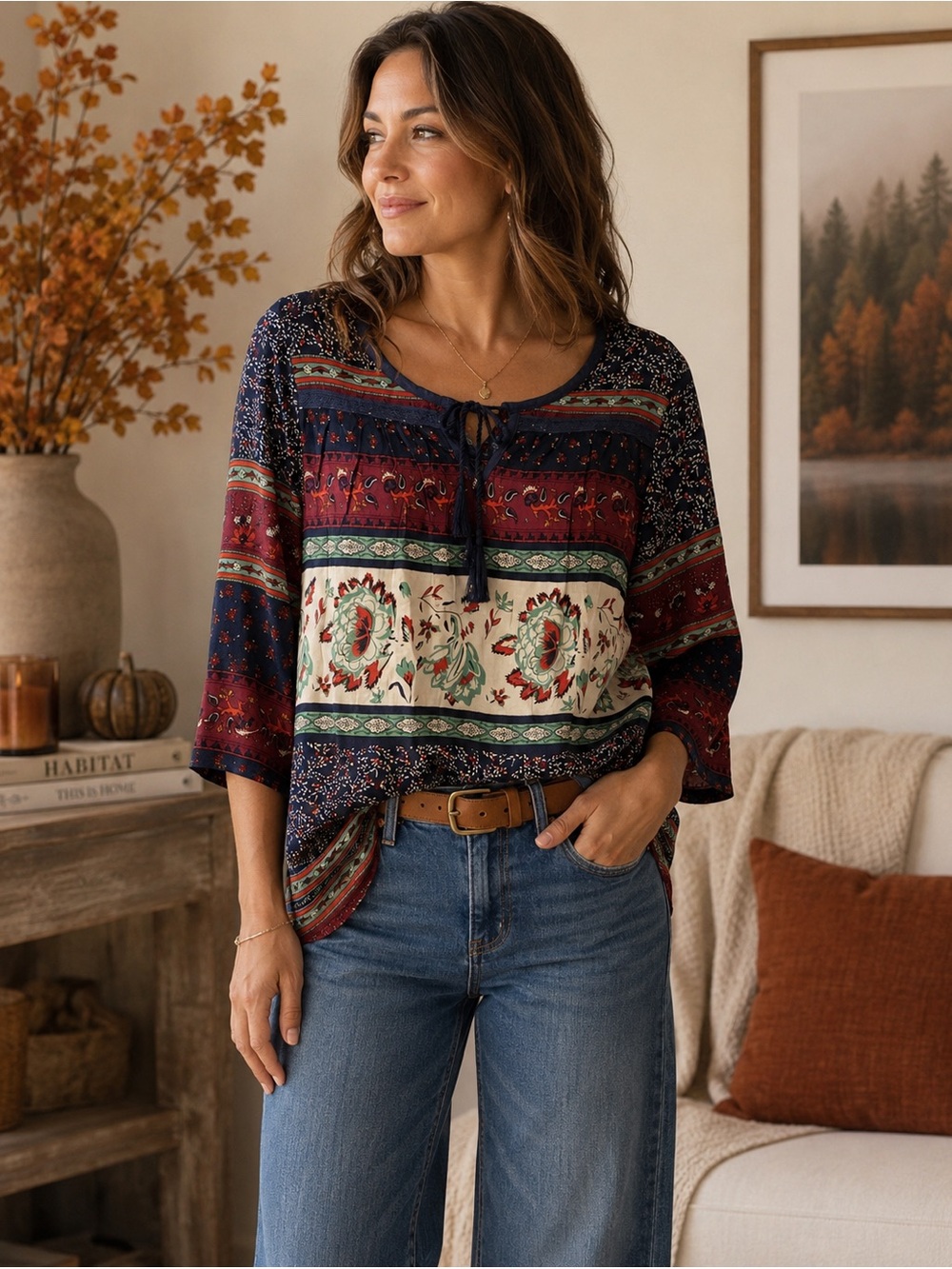 NWT Roxy “Gypsy Breeze” Boho Peasant Blouse Floral Print 3/4 Bell Sleeve Top XS
